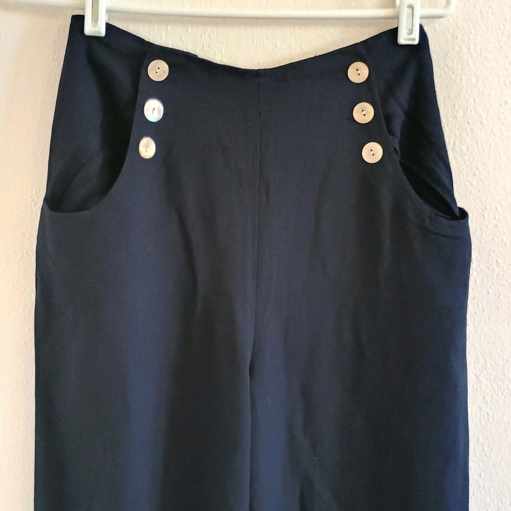 Vtg Compagne Internationale Express Navy Wide Leg Pants High Waist Button Front - Picture 3 of 7